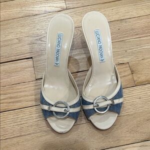 Luciano Padovan Blue and Cream Mules